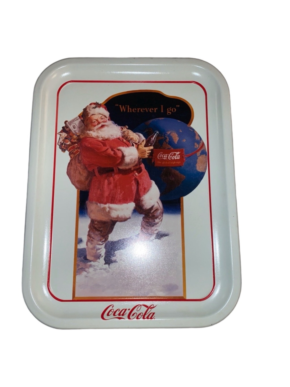 Coca-Cola Tray, Christmas, Santa, White, 13.5” x 10”